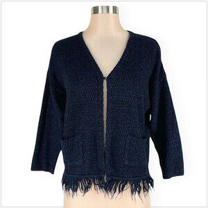 Weill Paris Cardigan Sweater Fringe Hem Mottled Navy Blue Black Knit Size T2